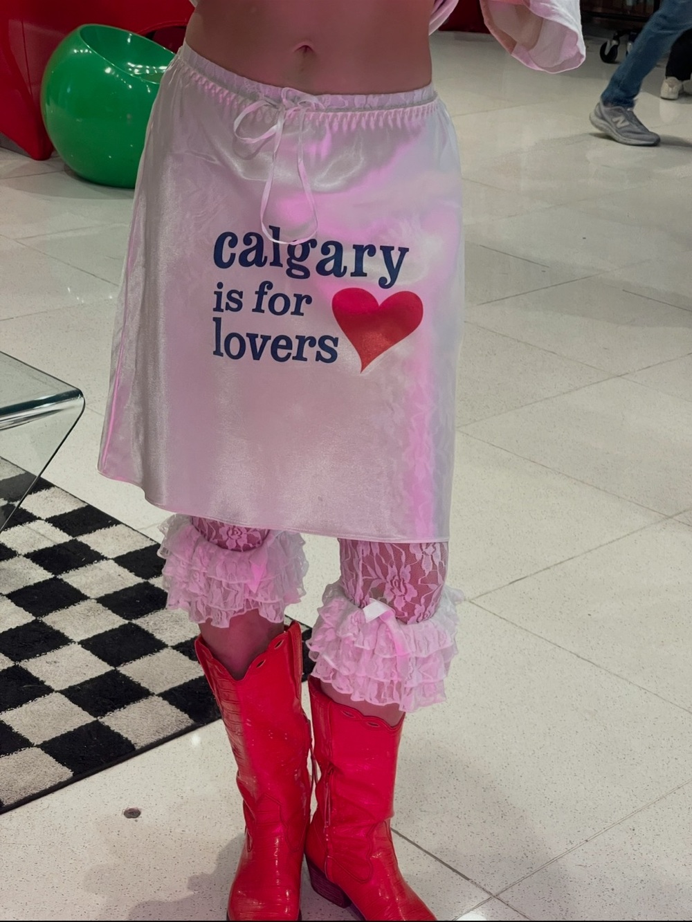 REWORKED VINTAGE WHITE SATIN ‘CALGARY IS FOR LOVERS’ SKIRT